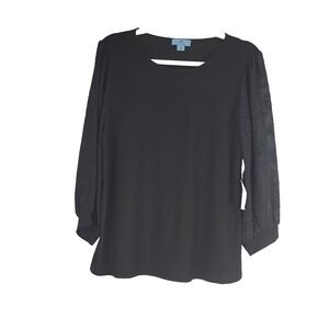 CeCe Top Scoop Neck 3/4 Lace Sleeve Stretch Crepe Blouse Size M NEW $69